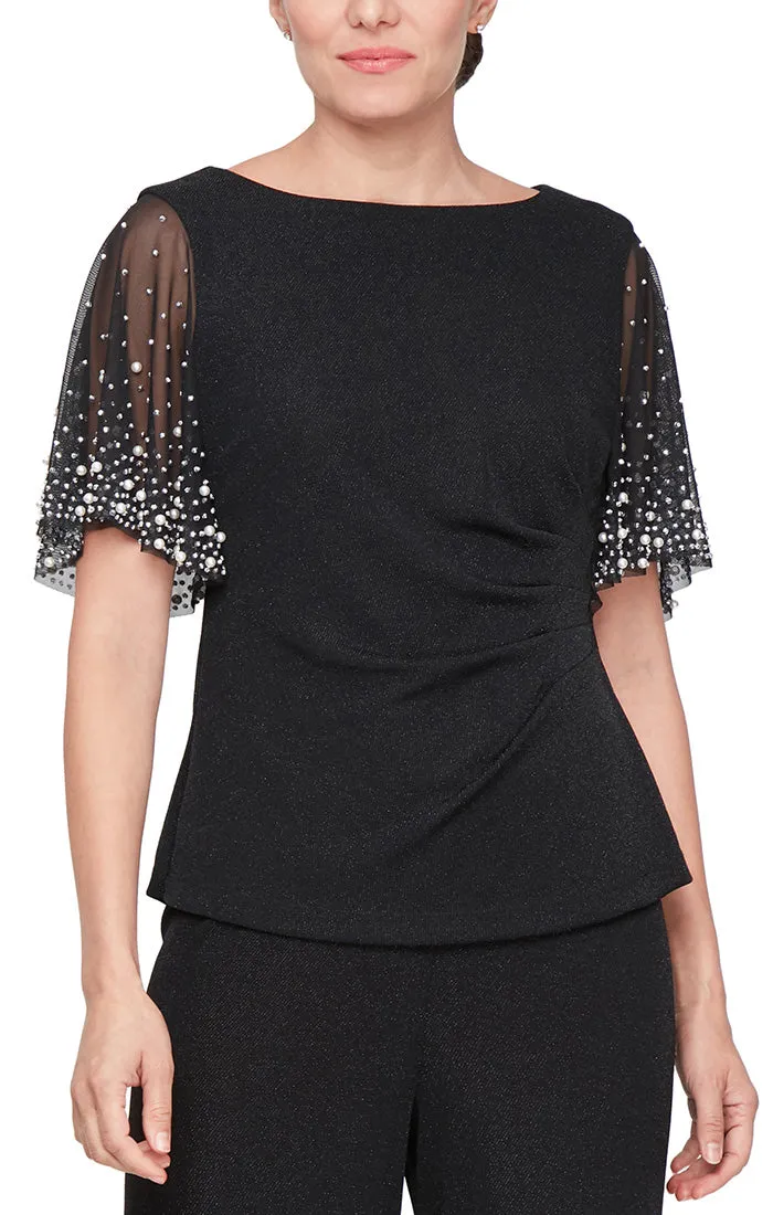 Petite Metallic Knit Heat Set Illusion Flutter Sleeve Blouse sold by Alex Evenings