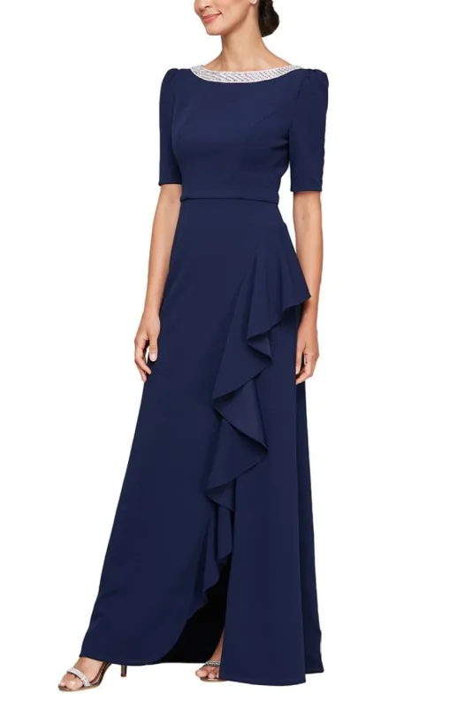Petite Long Embellished Neck Dress with Elbow Sleeves and Cascade Detail Skirt sold by Alex Evenings