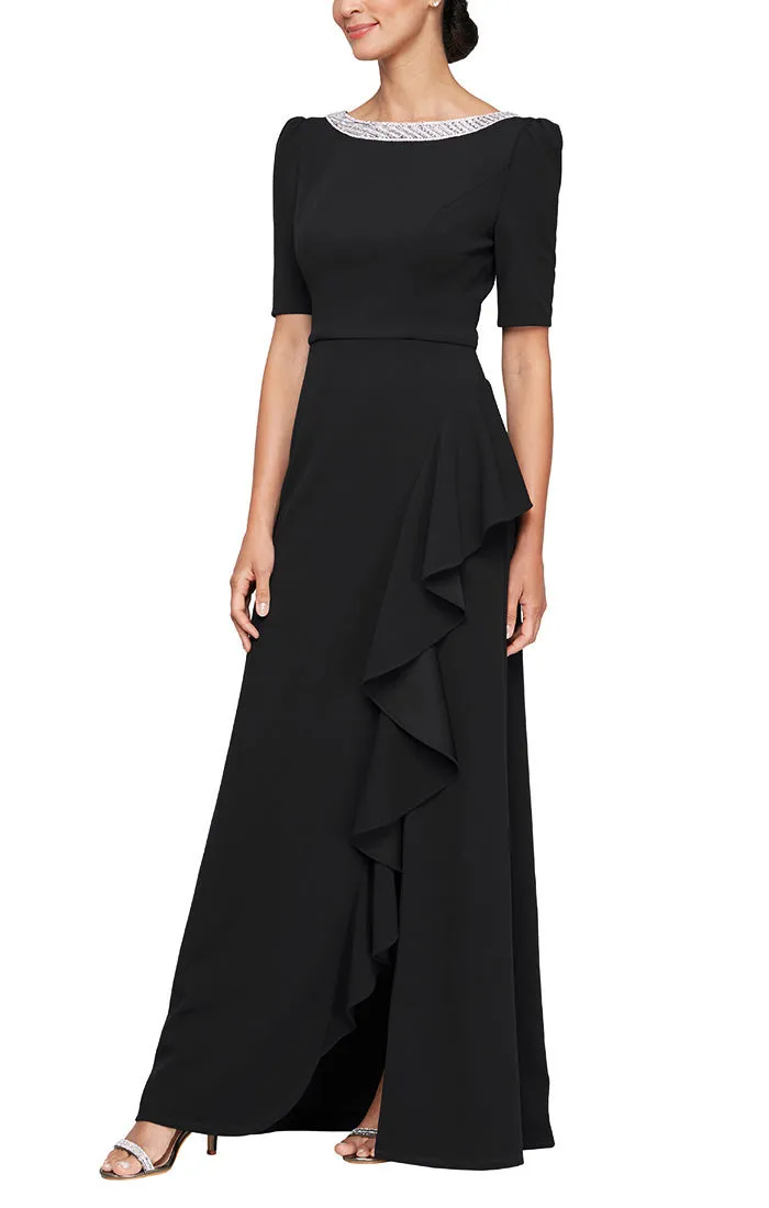 Petite Long Embellished Neck Dress with Elbow Sleeves and Cascade Detail Skirt sold by Alex Evenings product image thumbnail 5