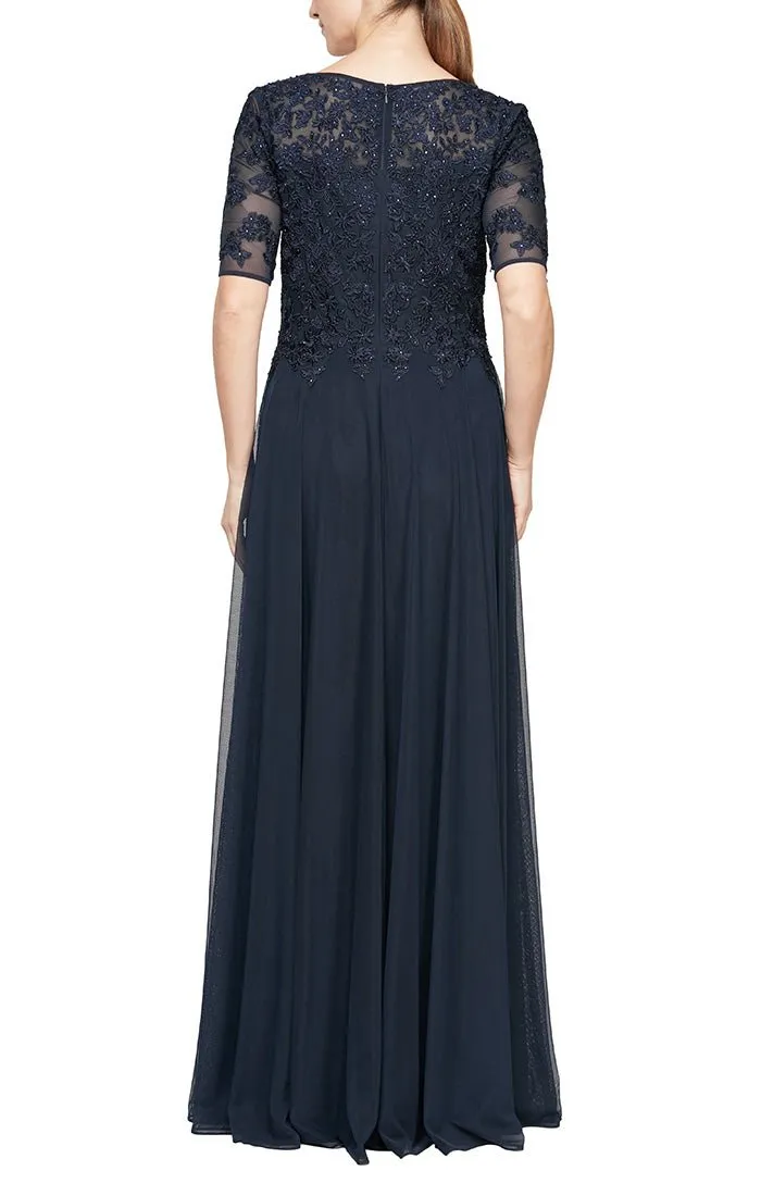 *Short Sleeve V-Neck Gown with Embroidered Lace Bodice and Mesh Skirt sold by Alex Evenings product image thumbnail 2