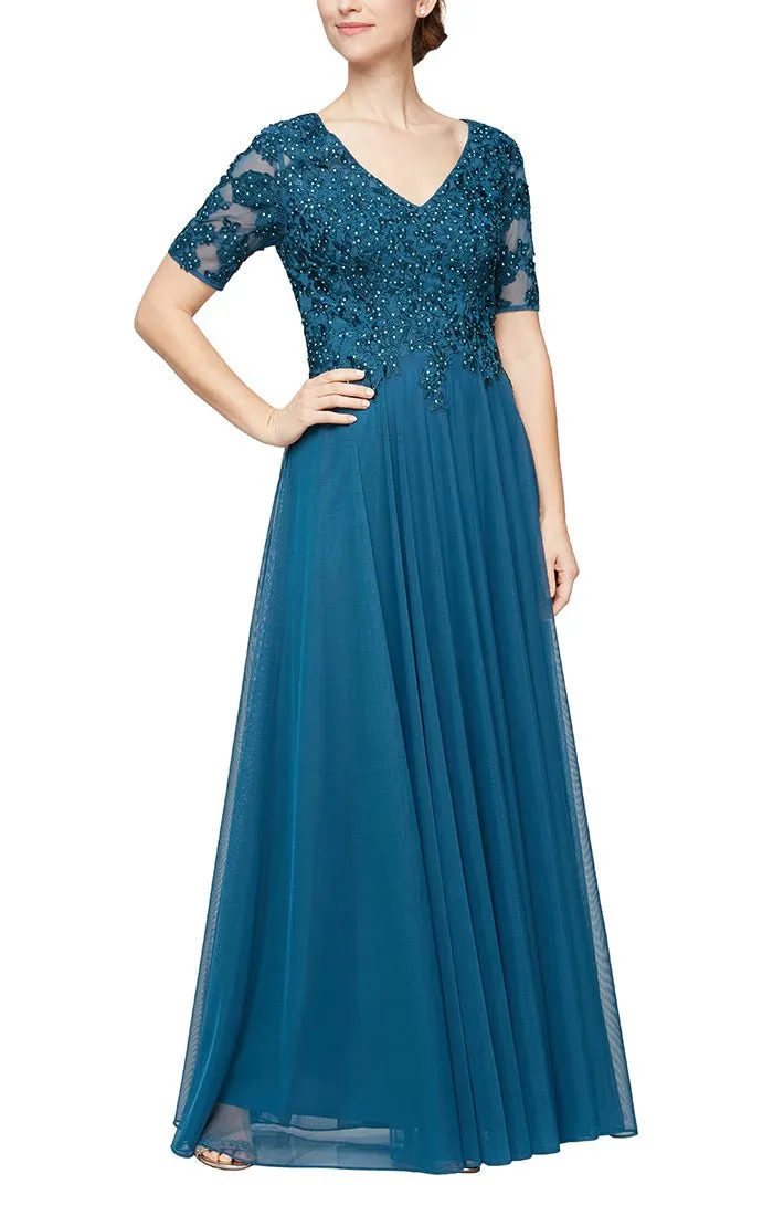 *Short Sleeve V-Neck Gown with Embroidered Lace Bodice and Mesh Skirt sold by Alex Evenings product image thumbnail 3
