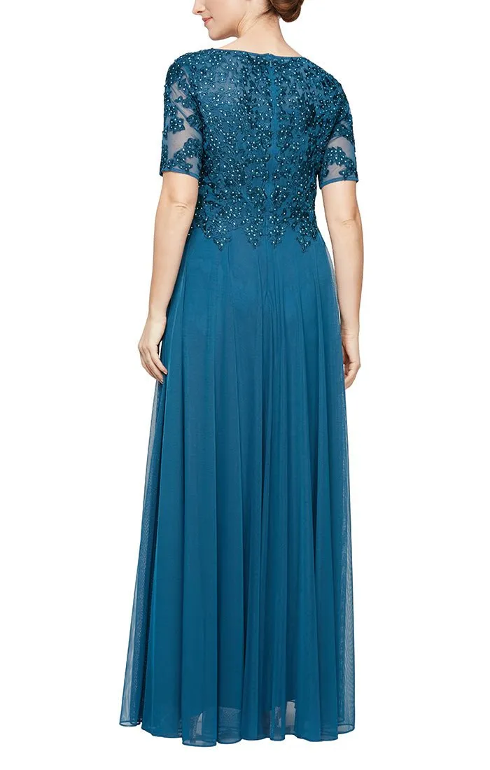 *Short Sleeve V-Neck Gown with Embroidered Lace Bodice and Mesh Skirt sold by Alex Evenings product image thumbnail 4