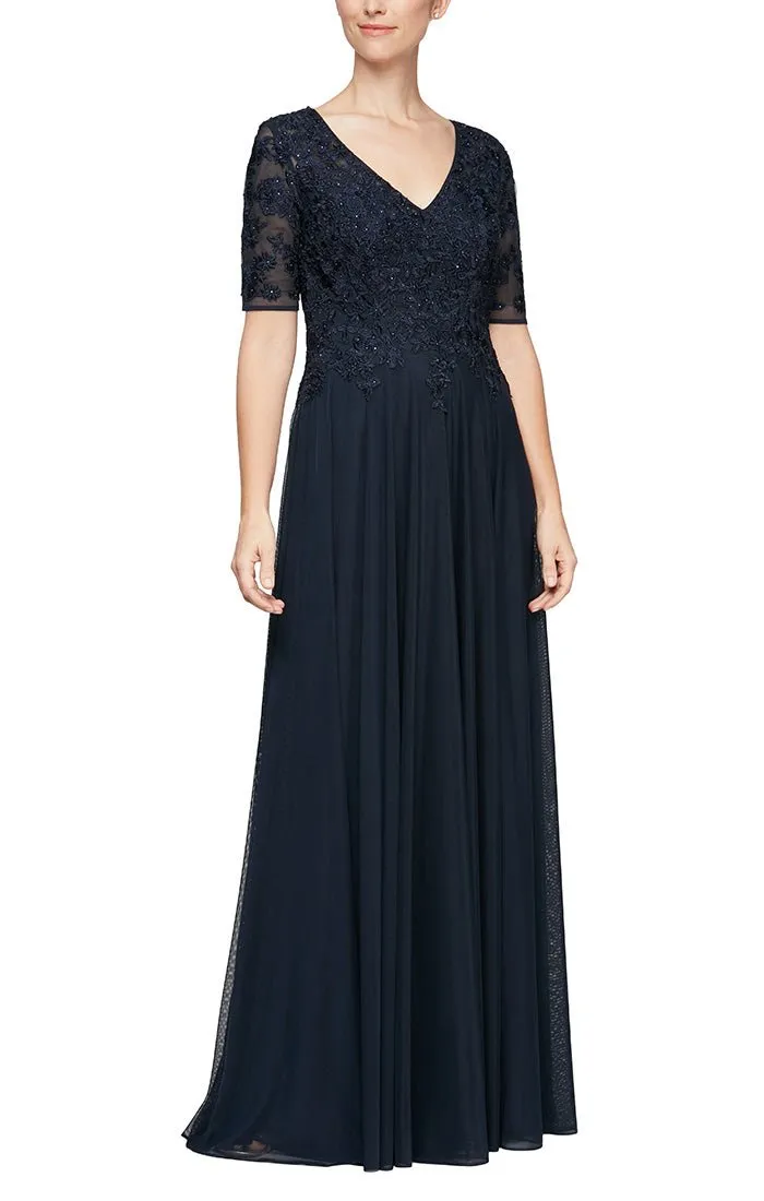 *Short Sleeve V-Neck Gown with Embroidered Lace Bodice and Mesh Skirt sold by Alex Evenings