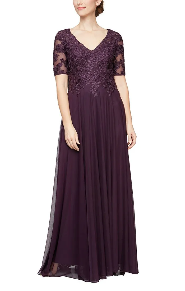 *Short Sleeve V-Neck Gown with Embroidered Lace Bodice and Mesh Skirt sold by Alex Evenings product image thumbnail 5