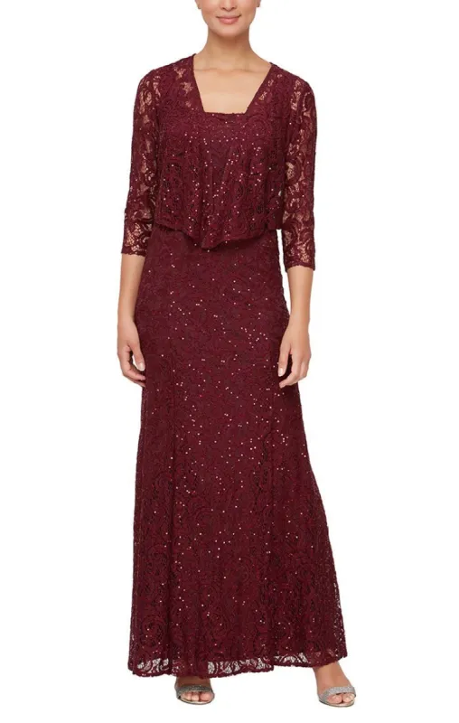 Regular - Sequin Lace Long A-Line Dress with 3/4 Sleeve Illusion Jacket sold by Alex Evenings