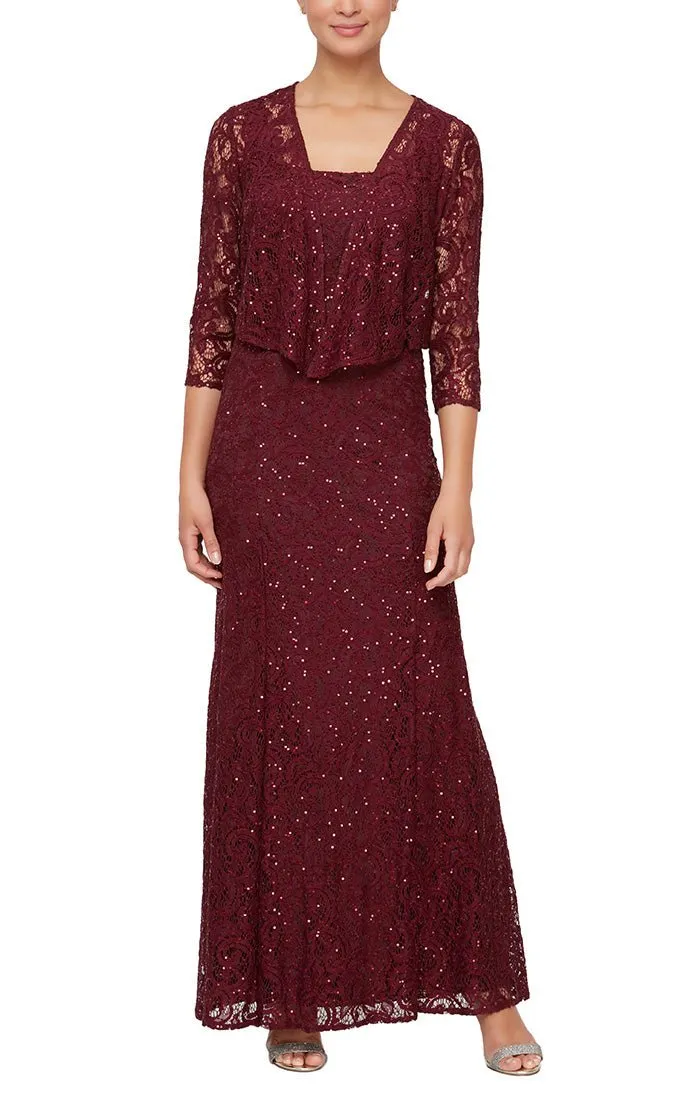 Regular - Sequin Lace Long A-Line Dress with 3/4 Sleeve Illusion Jacket sold by Alex Evenings