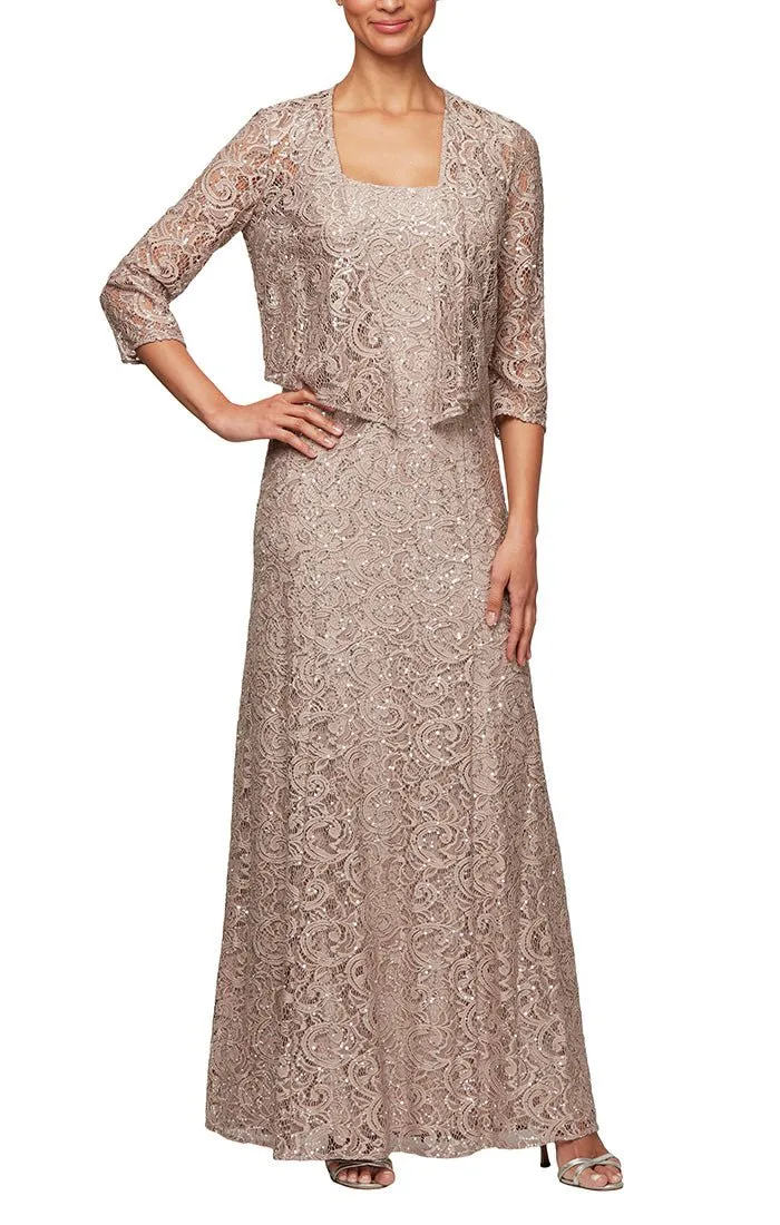Regular - Sequin Lace Long A-Line Dress with 3/4 Sleeve Illusion Jacket sold by Alex Evenings product image thumbnail 4