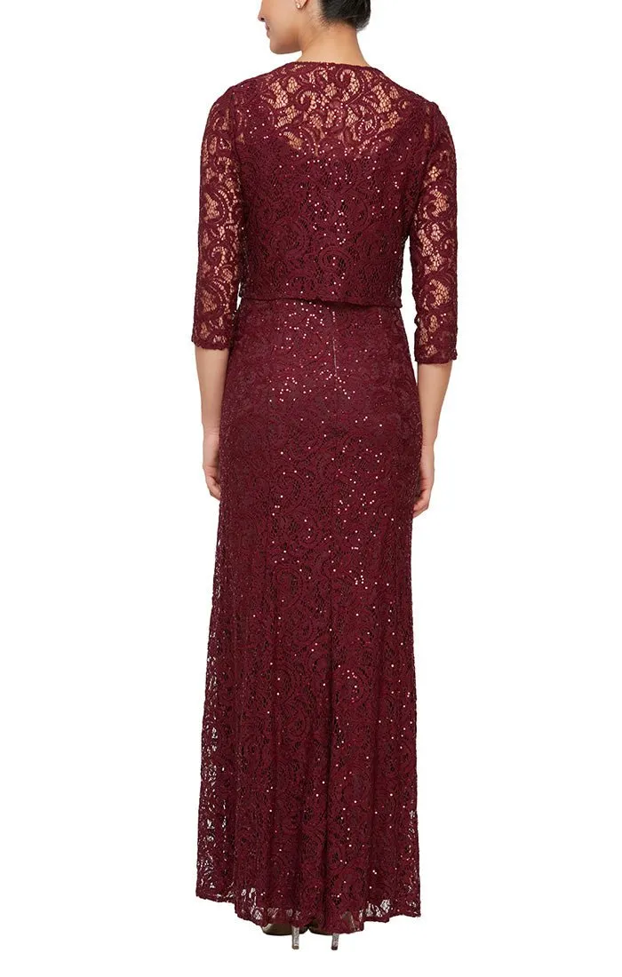 Regular - Sequin Lace Long A-Line Dress with 3/4 Sleeve Illusion Jacket sold by Alex Evenings product image thumbnail 3
