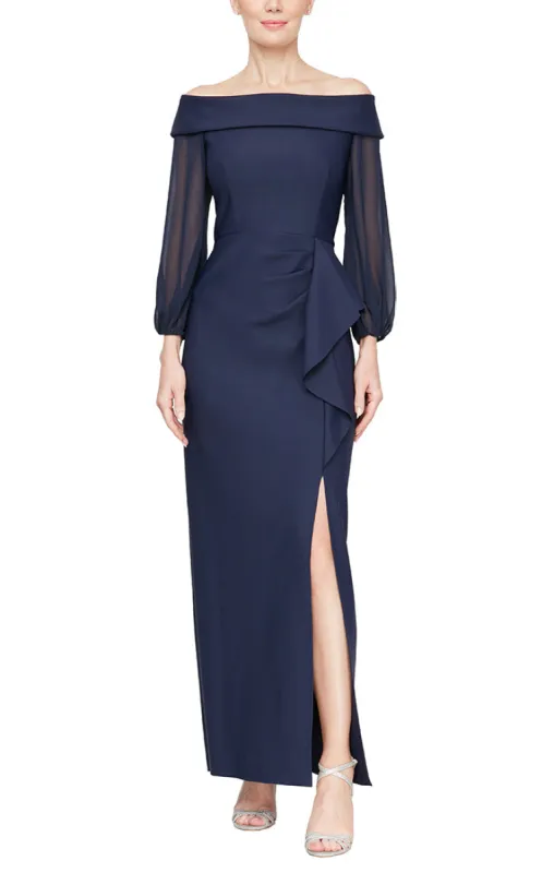 Plus - Off the Shoulder Compression Dress with Illusion Sleeves, Cascade Ruffle Skirt and Front Slit sold by Alex Evenings