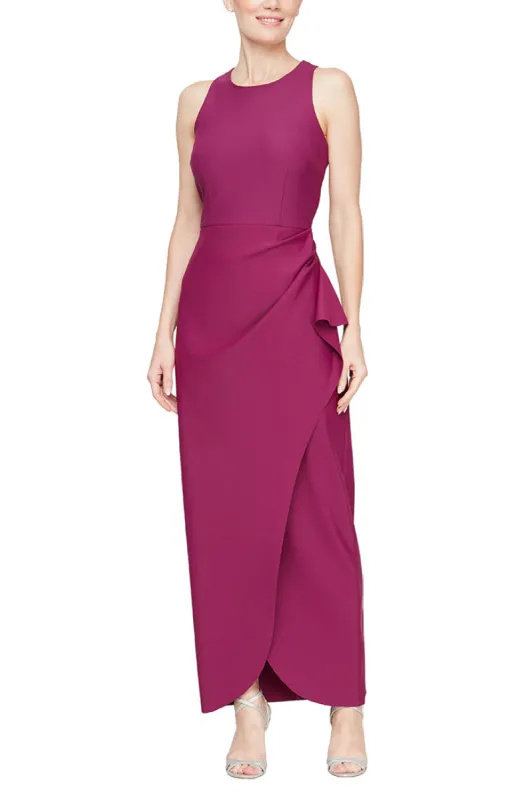 Petite Long Sleeveless Compression Dress with Cutaway Halter Neckline and Cascade Detail Skirt sold by Alex Evenings