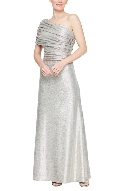 Regular - One Shoulder Metallic Knit Gown with Ruched Detail sold by Alex Evenings