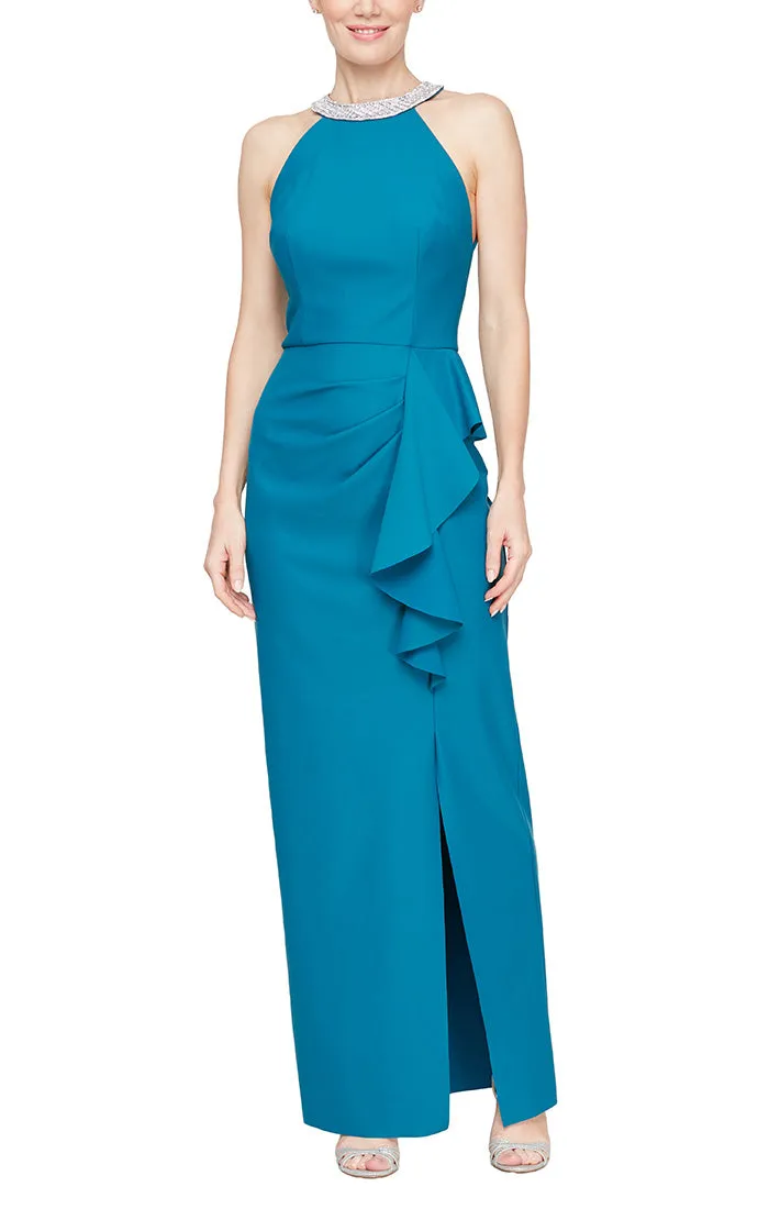 Regular - Embellished Halter Neckline Compression Dress with Cascade Skirt sold by Alex Evenings