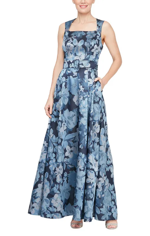 Long Sleeveless Printed Jacquard Dress with Square Neckline and Structured Belt sold by Alex Evenings