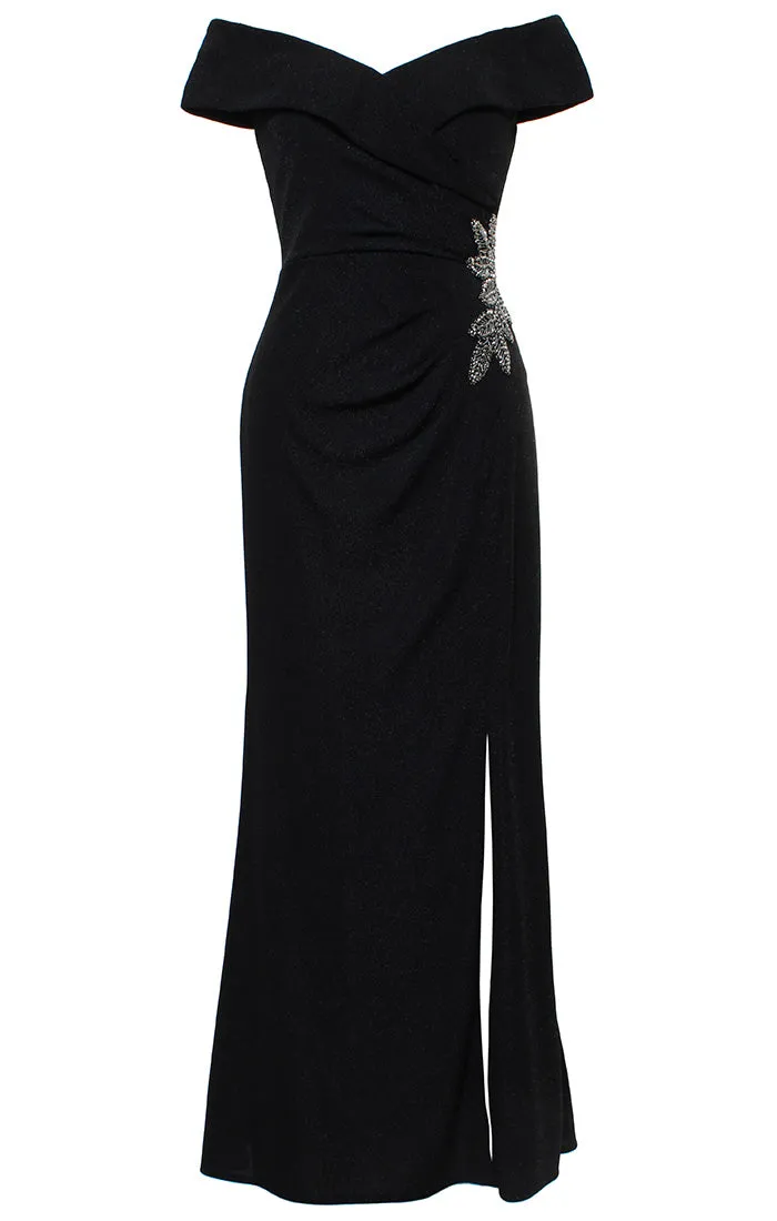 Petite - Long Off the Shoulder Metallic Knit Dress with Beaded Hip Detail and Front Slit sold by Alex Evenings