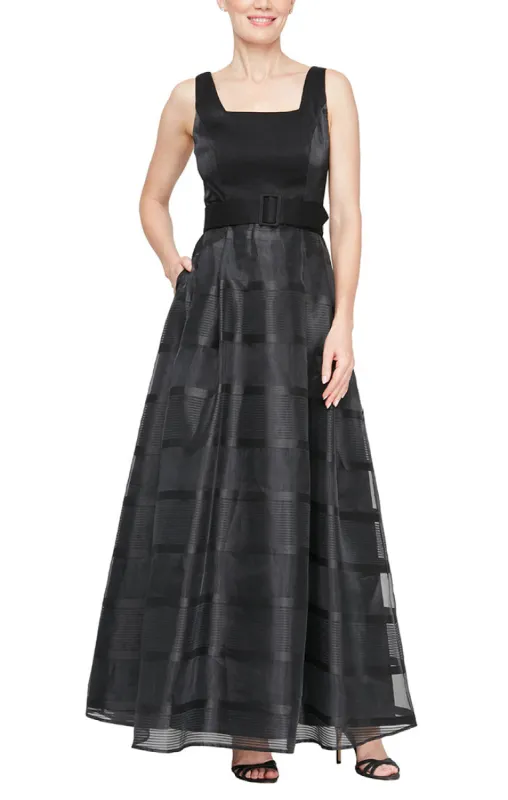 Long Scoop Neck Dress with Organza A-Line Skirt and Belt sold by Alex Evenings