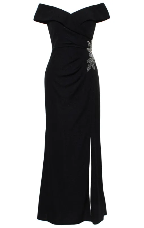 Plus Long Off the Shoulder Metallic Knit Dress with Beaded Hip Detail and Front Slit made by Alex Evenings