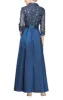 Long A-Line Stretch Tulle Dress with Embroidered Bodice, Illusion Sleeves and Structured Belt sold by Alex Evenings