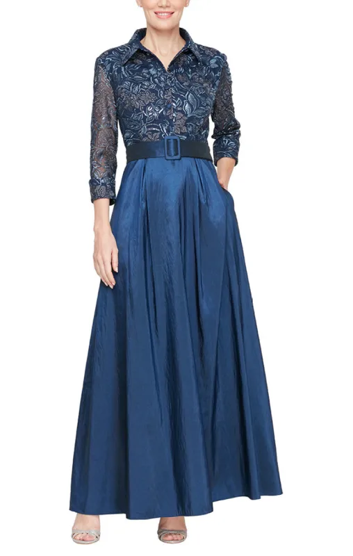 Long A-Line Stretch Tulle Dress with Embroidered Bodice, Illusion Sleeves and Structured Belt sold by Alex Evenings