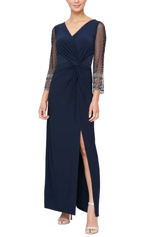 Surplice Neckline Matte Jersey Dress with Embellished Illusion Sleeves sold by Alex Evenings