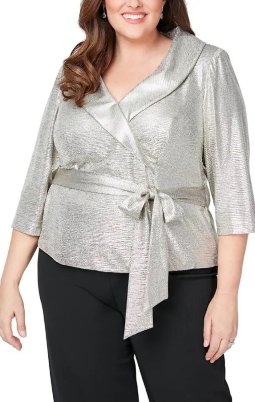 Plus - 3/4 Sleeve Metallic Knit Blouse with Tie Belt sold by Alex Evenings