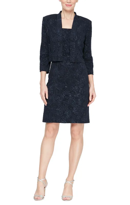 Jacquard Glitter Knit Jacket Dress with Square Neckline & Open Jacket sold by Alex Evenings
