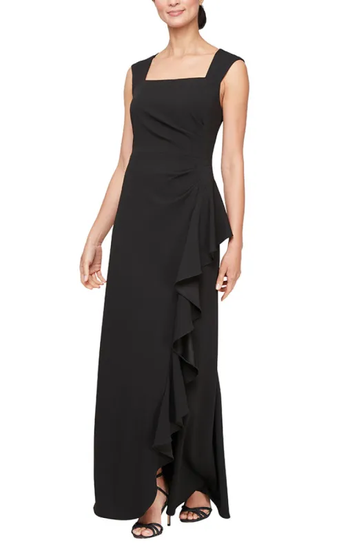 Long Square Neck Crepe Dress with Cascade Ruffle Detail sold by Alex Evenings