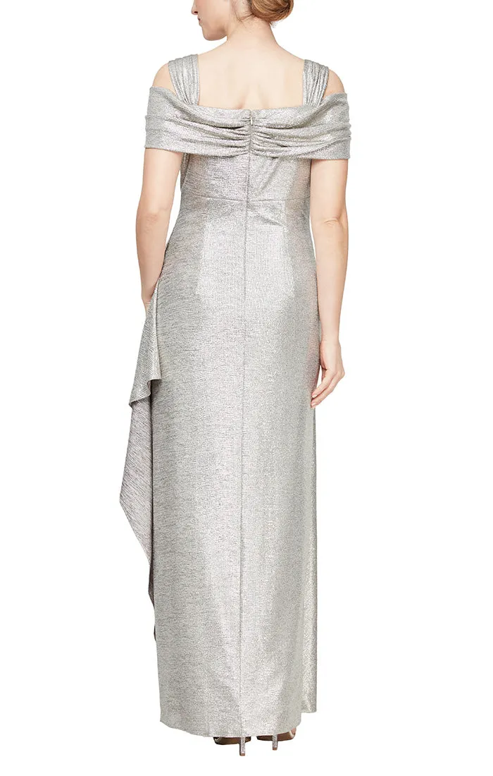 Long Metallic Knit Cowl Neck Cold Shoulder Dress With Cascade Detail Skirt sold by Alex Evenings product image thumbnail 2