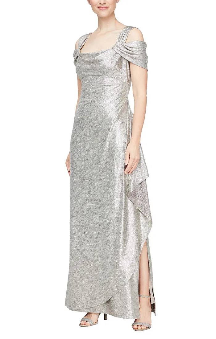 Long Metallic Knit Cowl Neck Cold Shoulder Dress With Cascade Detail Skirt sold by Alex Evenings