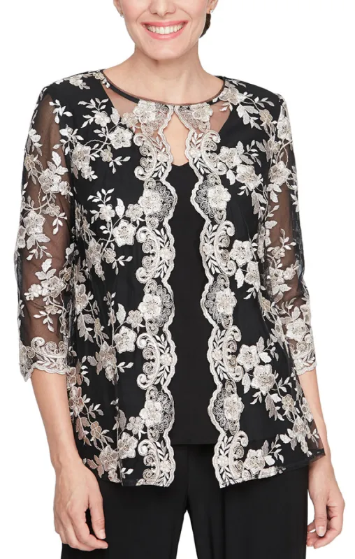 3/4 Sleeve Stretch Tulle Embroidered Mock Twinset with Attached Jacket and Scallop Detail sold by Alex Evenings