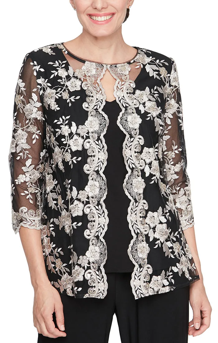 3/4 Sleeve Stretch Tulle Embroidered Mock Twinset with Attached Jacket and Scallop Detail sold by Alex Evenings