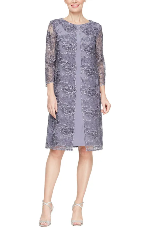 Short Stretch Tulle Embroidered Mock Jacket Dress with Attached Jacket and Illusion Sleeves sold by Alex Evenings