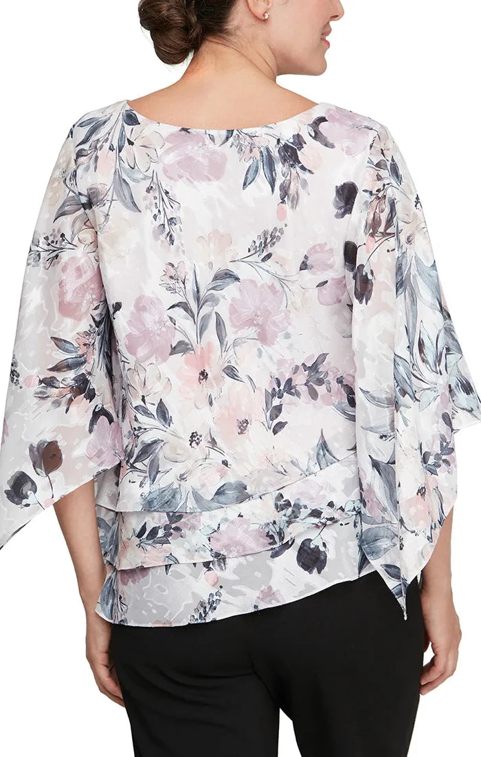 3/4 Sleeve Printed Chiffon Blouse with Asymmetric Hem sold by Alex Evenings product image thumbnail 2