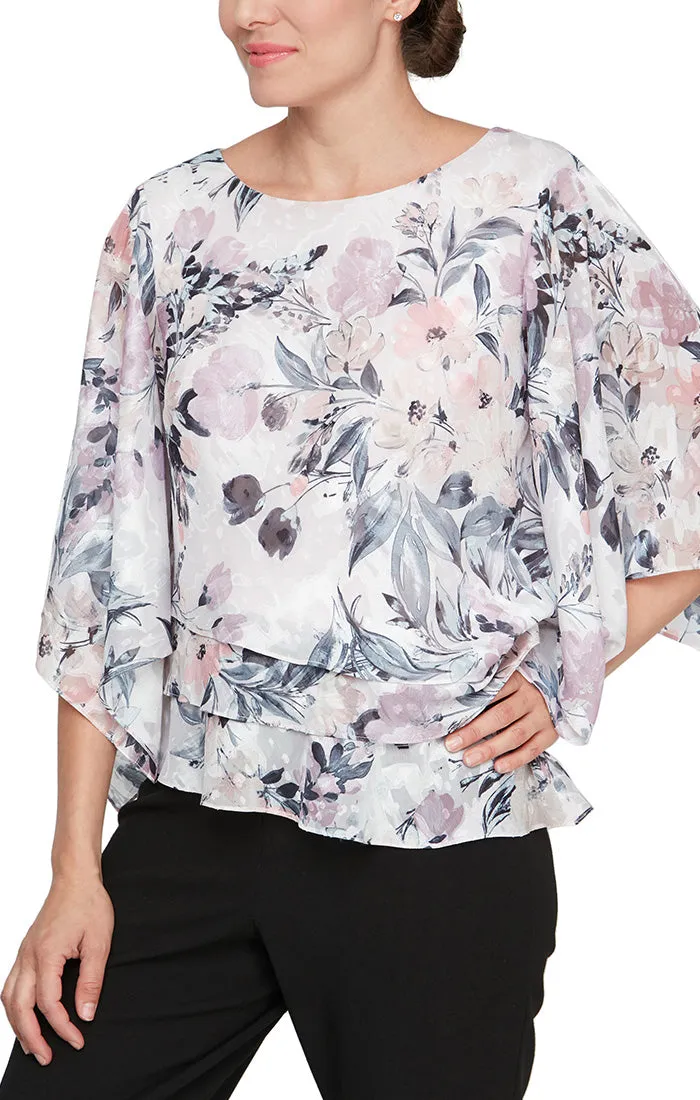 3/4 Sleeve Printed Chiffon Blouse with Asymmetric Hem sold by Alex Evenings