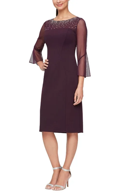 Regular - Sheath Crepe Dress with Embellished  Illusion Mesh Neckline and Bell Sleeves sold by Alex Evenings