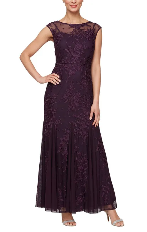 Cap Sleeve Embroidered Dress With Illusion Neckline and Godet Detail Skirt sold by Alex Evenings