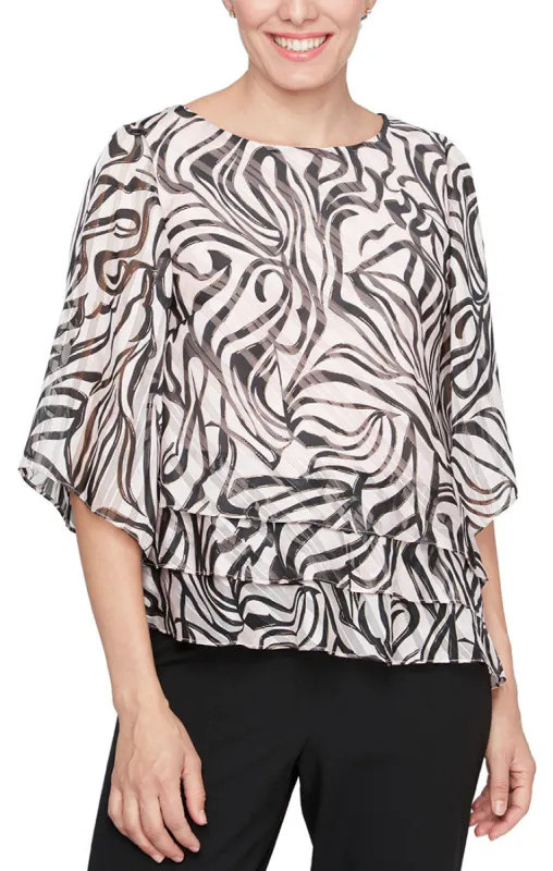 Plus 3/4 Sleeve Printed Chiffon Blouse with Asymmetric Triple Tier Hem sold by Alex Evenings