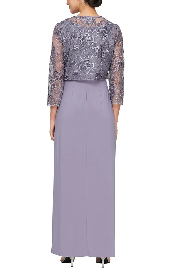 Long Scoop Neck Jacket Dress with Embroidered Bodice and Hook Neck Closure Jacket sold by Alex Evenings product image thumbnail 3