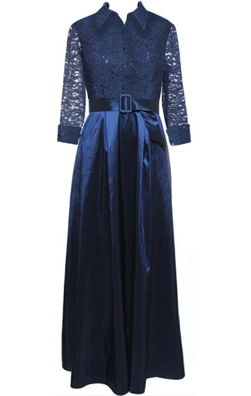 Plus - Long A-Line Dress with Stretch Lace Bodice, Collar, Illusion Sleeves and Structured Belt sold by Alex Evenings