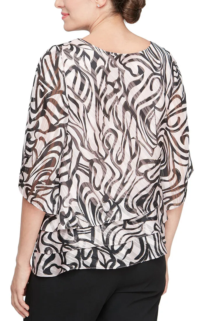 3/4 Sleeve Printed Chiffon Blouse with Asymmetric Triple Tier Hem sold by Alex Evenings product image thumbnail 2