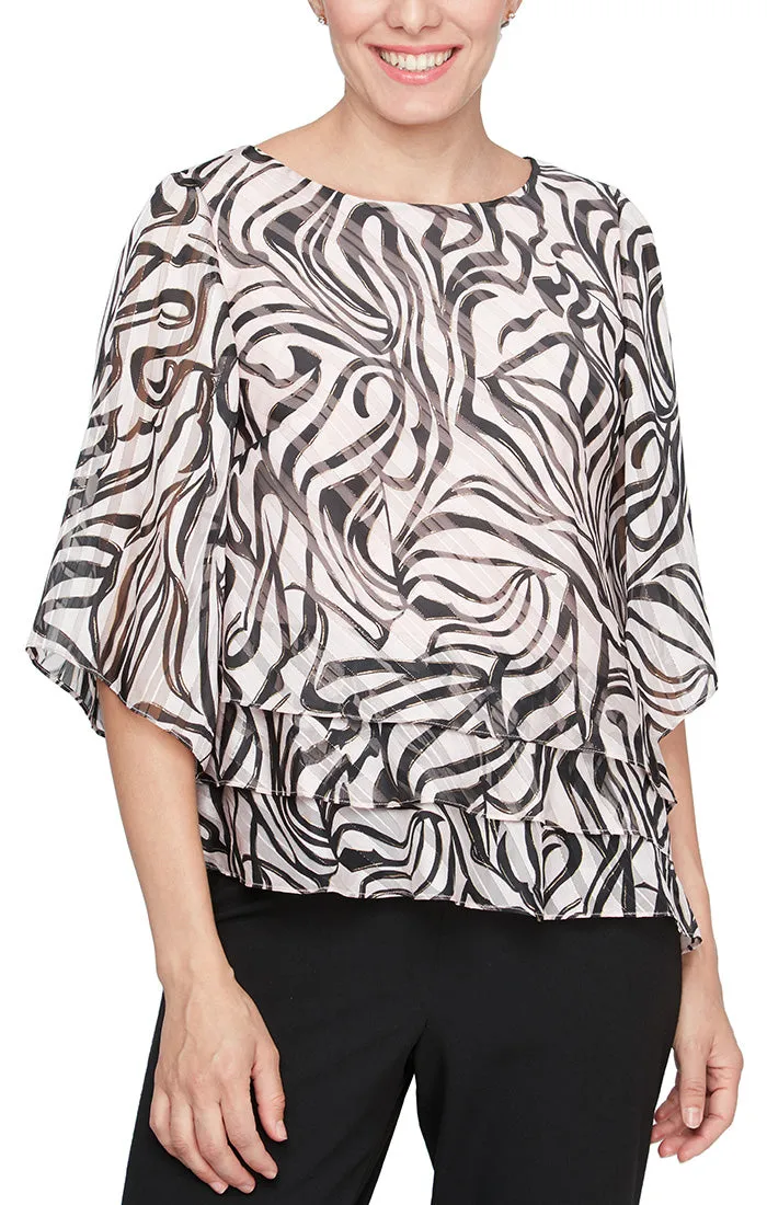 3/4 Sleeve Printed Chiffon Blouse with Asymmetric Triple Tier Hem sold by Alex Evenings