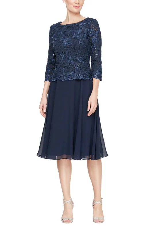 Tea Length Mock Dress with Embroidered Bodice and Full Chiffon Skirt sold by Alex Evenings