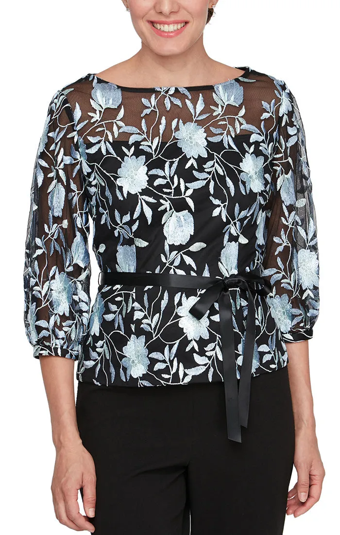 3/4 Sleeve Stretch Tulle Embroidered Blouse with Illusion Neckline, Illusion Sleeves and Tie Belt sold by Alex Evenings