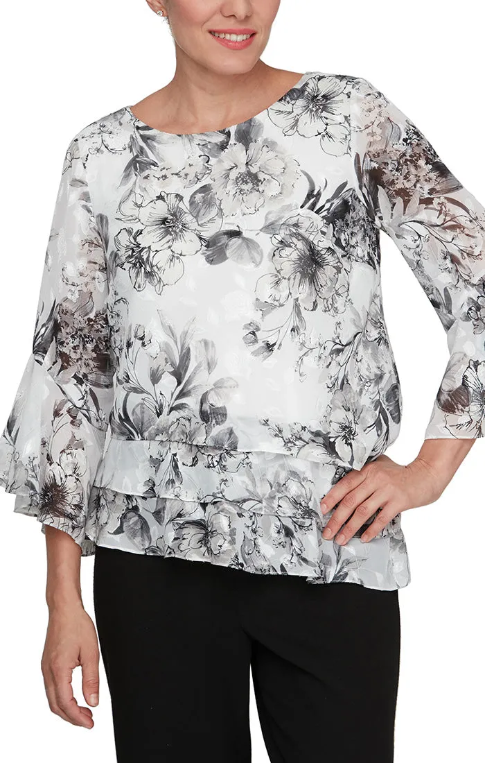 3/4 Sleeve Printed Chiffon Blouse with Bell Sleeves and Asymmetric Triple Tier Hem sold by Alex Evenings