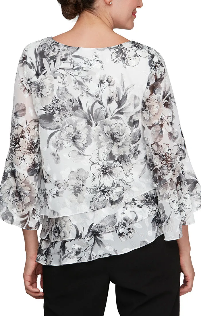 3/4 Sleeve Printed Chiffon Blouse with Bell Sleeves and Asymmetric Triple Tier Hem sold by Alex Evenings product image thumbnail 2