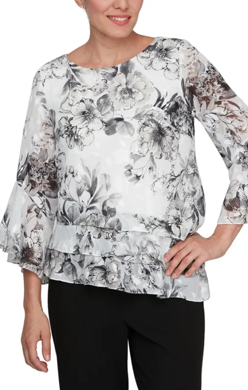 Petite - 3/4 Sleeve Printed Chiffon Blouse with Bell Sleeves and Asymmetric Triple Tier Hem made by Alex Evenings