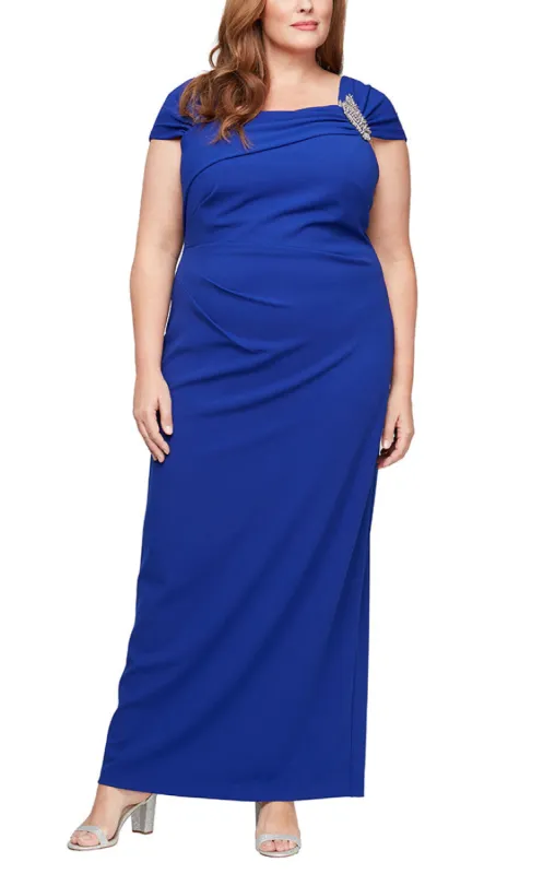 Plus Long Cap Sleeve Crepe Dress With Embellished Asymmetric Neckline sold by Alex Evenings