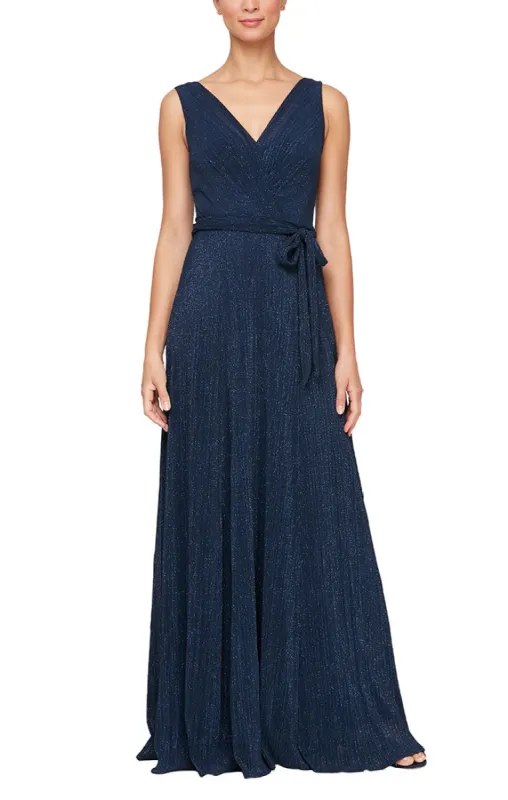 Plus Long Glitter Mesh Sleeveless Surplice Neckline Dress with A-Line Skirt & Tie Belt sold by Alex Evenings