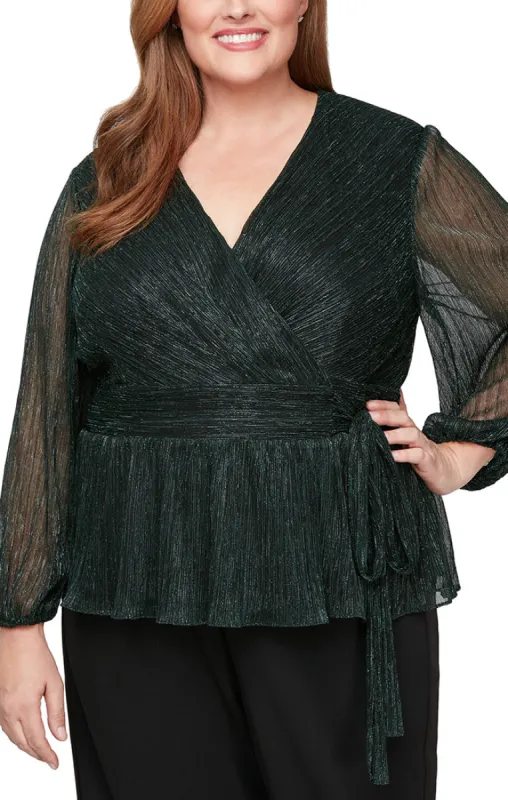 Plus - Surplice Metallic Knit Blouse with Tie Waist & Balloon Sleeves sold by Alex Evenings