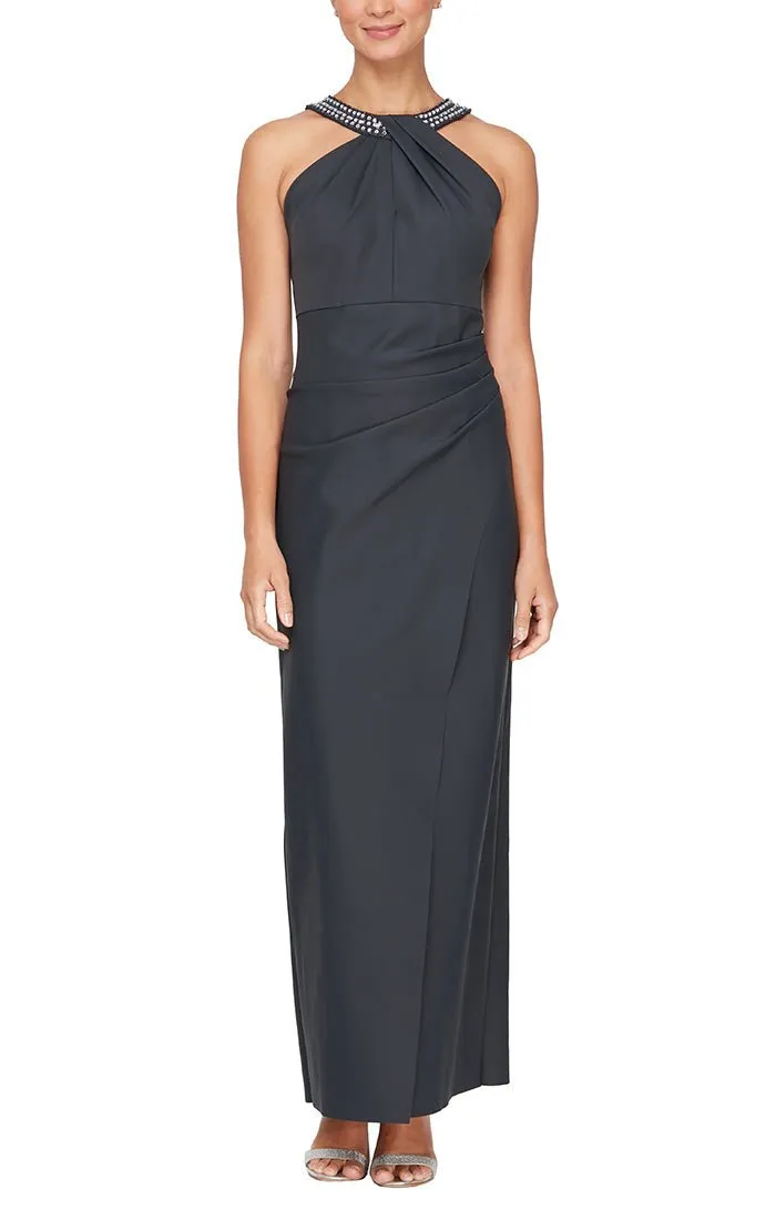 Regular - Halter Neck Compression Collection Column Dress with Embellishment at Neck and Overlay Skirt sold by Alex Evenings