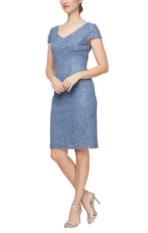 Short Corded Sheath Dress With V-Neckline and Cap Sleeves sold by Alex Evenings